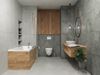 Aranżacja szarej łazienki z drewnianymi akcentami