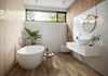 Biała i beżowa struktura w łazience z drewnem