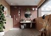 Łazienka z drewnem i rustykalną, bordową ścianą