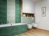 Strefa kąpielowa i toaletowa w zieleni z dodatkiem drewna i bieli