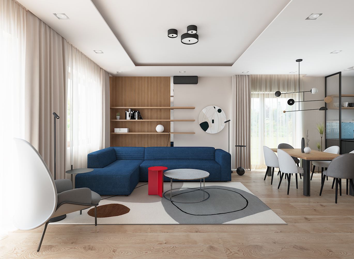 Nowoczesny salon z granatową sofą - Domni.pl