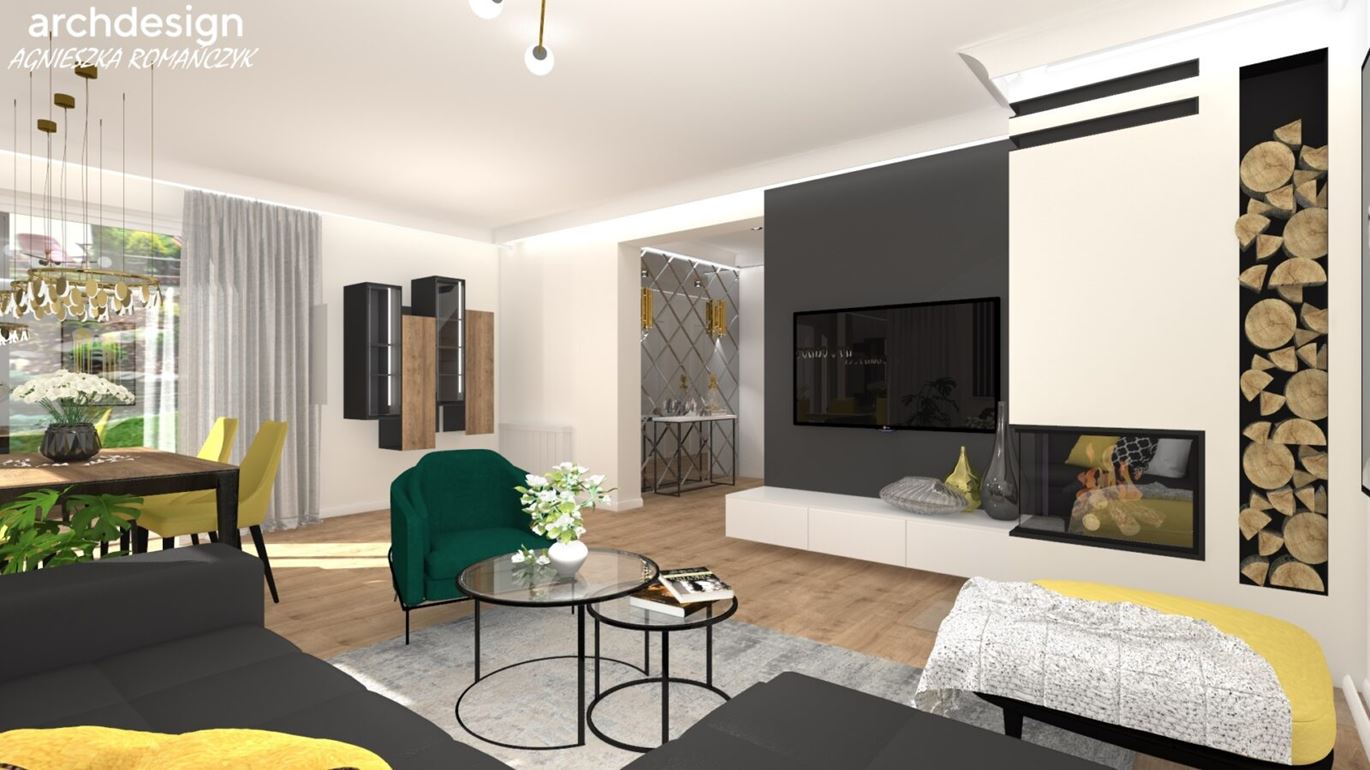 Aranżacja salonu z kominkiem Domni.pl