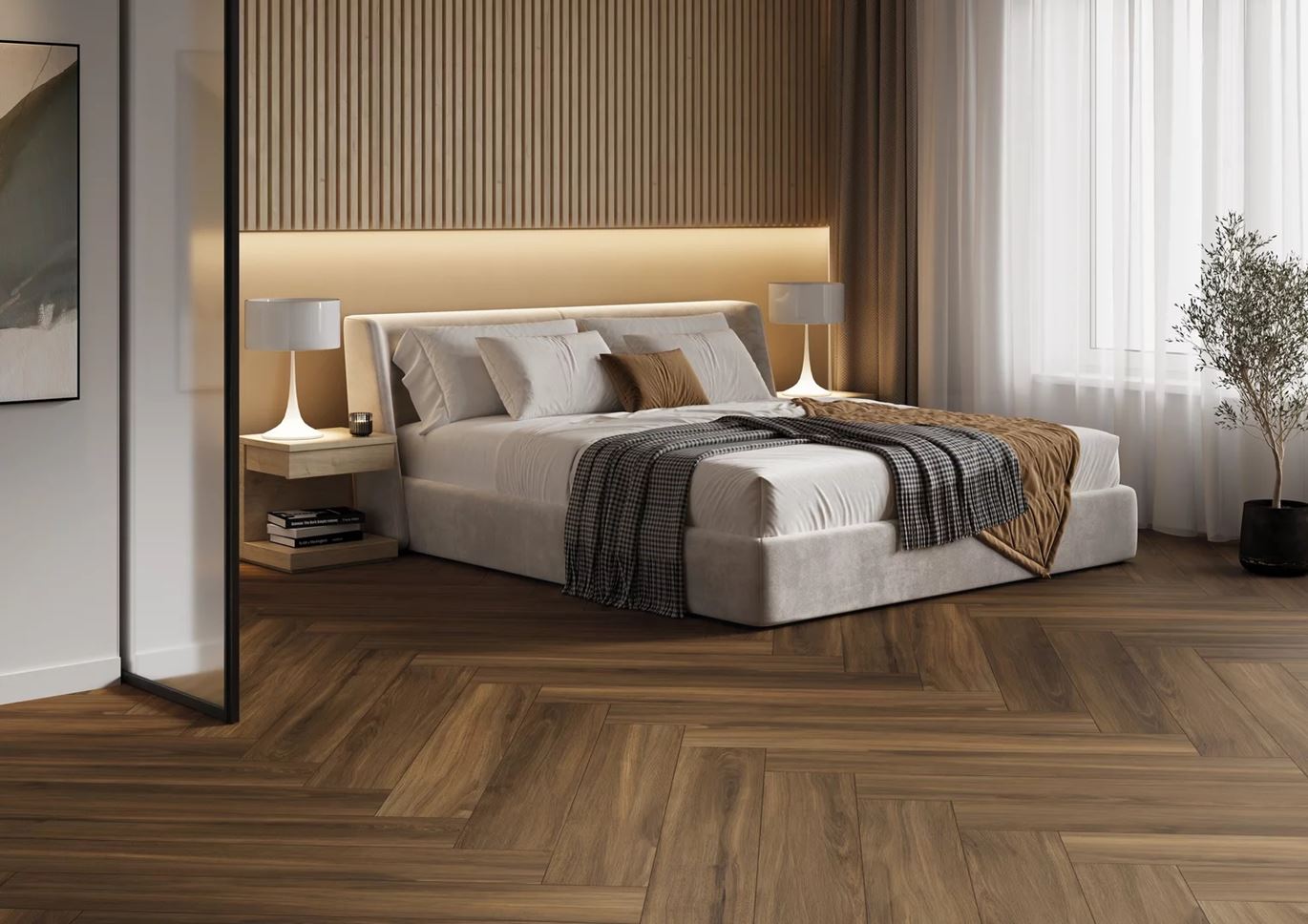 Drewnopodobne płytki w sypialni