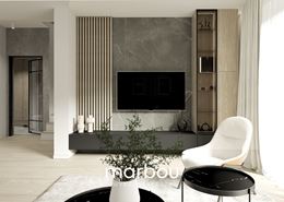 Salon z lamelami i kamieniem w projekcie MARBOU