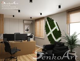 Projekt szarego gabinetu z zieloną dekoracją na ścianie