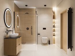 Łazienka w beżowych kamieniach i drewnie z kabiną walk-in