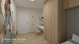 Beżowy pokój dziecięcy z kolorową tapetą w zwierzątka