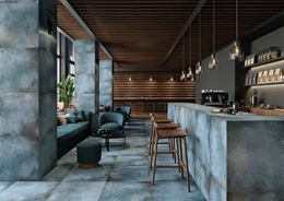 Wnętrze restauracyjne w niebieskim betonie
