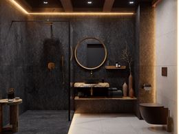 Czarno-biała łazienka w kamieniu z kabiną walk-in