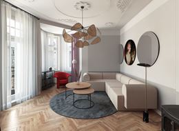 Nowoczesny salon ze sztukaterią na suficie 