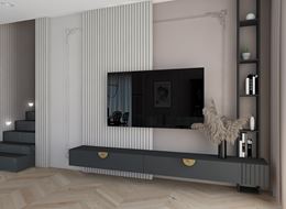 Nowoczesny salon ze ścianą telewizyjną z lamelami