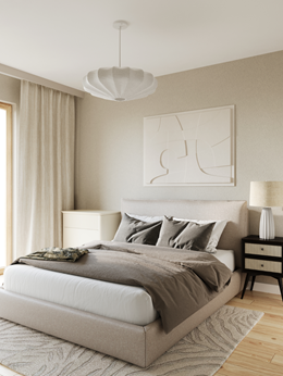Beżowa sypialnia z dwoma różnymi stolikami nocnymi