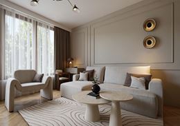 Salon w odcieniach beżu utrzymany w stylu modern classic