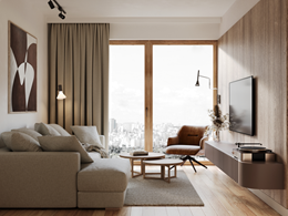 Mała strefa wypoczynkowa w salonie ze ścianą RTV wykończoną fornirem