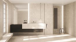 Minimalistyczna łazienka w beżowym gresie