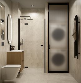 Łazienka w jasnym kamieniu z zabudową wnękową