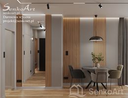 Szara jadalnia z panelami 3d i drewnem