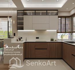 Kuchnia z narożnym oknem i witrynkami z ryflowanego szkła