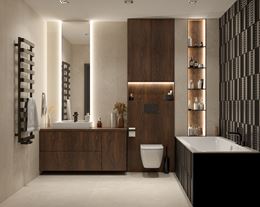 Kremowy kamień i czarne cegiełki w łazience z drewnianymi szafkami