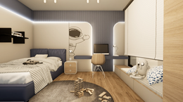 Biało-niebieski pokój chłopca z naklejką kosmonauty