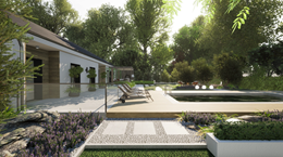 Taras przy basenie za nowoczesnym domem