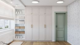 Przestronna pralnia z drewnianą podłogą i wzorzystą tapetą