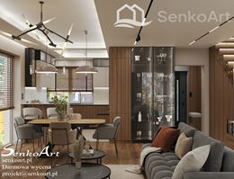 Salon z jadalnią i dużym, przeszklonym regałem