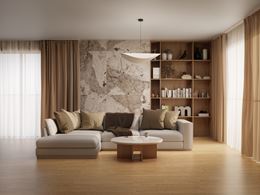 Beżowo-brązowy salon z jasnym wypoczynkiem i drewnianą zabudową