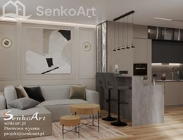 Nowoczesny salon z aneksem i sztukateriami na ścianie