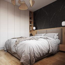 Sypialnia z drewnianym panelem i czernią za łóżkiem