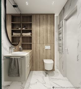 Wnętrze łazienki z marmurowymi płytkami i drewnem