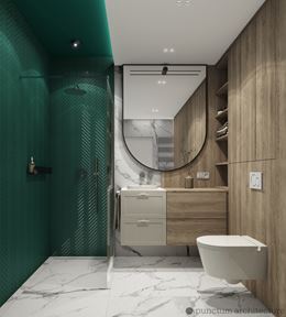 Łazienka z zieloną jodełką i drewnem