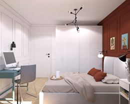 Biała sypialnia z rudobrązową ścianą