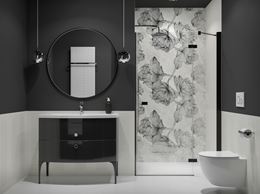 Czarno-biała łazienka z florystyczną ścianą
