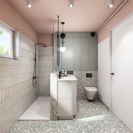 Łazienka z prostokątnym prysznicem i różowym sufitem
