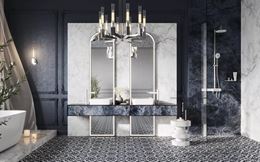 Ciemna łazienka glamour z patchworkową podłogą