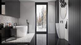 Czarno-biała łazienka glamour z patchworkową płytką