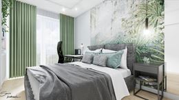 Szaro-zielona sypialnia z egzotyczną tapetą