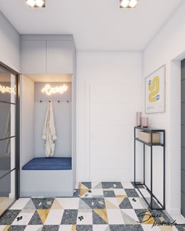Patchwork i neon w nowoczesnym przedpokoju