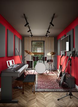 Szaro-czerwony pokój muzyczny w studio nagraniowym