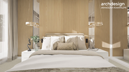 Sypialnia z drewnem i eleganckim oświetleniem