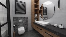 Mikrocement, drewno i mozaika w aranżacji łazienki