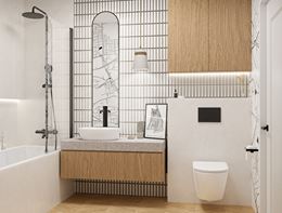 Drewno i biel w łazience z wanną z mozaiką Azario Donimo Blanco