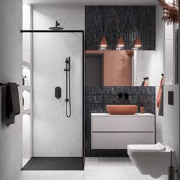 Jasny kamień i czarne cegiełki w połysku w nowoczesnej łazience