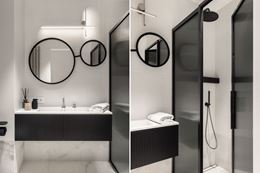 Łazienka z kabiną prysznicową z czarnego szkła