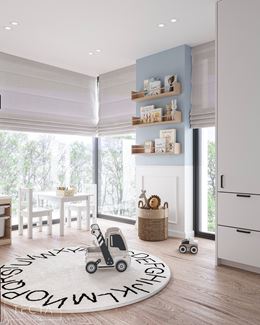 Biało-niebieski pokój dziecka z dużym oknem narożnym