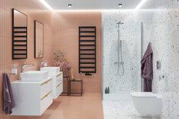 Łazienka w różowych kaflach ze ścianą lastryko i kabiną walk-in