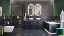 Ciemna łazienka z zielonymi akcentami i złotą armaturą