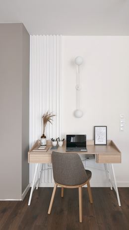 Elegancka strefa do pracy w domu z biurkiem i panelem 3d na ścianie
