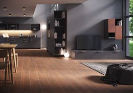 Brązowa podłoga Opoczno Grand Wood Prime w stylowej kuchni otwartej na salon